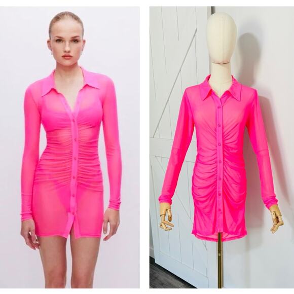 NWT Good American Size 2 M Pink Sheer Mesh Ruched Mini Shirtdress Beach Coverup - Picture 1 of 10